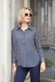 Women's Patterned Lycra-Free Fabric Collared Off-Shoulder Long Sleeve Shirt - Navy Blue Stripe - 5