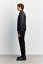 Men's Black Classic Collar Magnetic Closure Seasonal Comfort Fit Leather Coat with Pockets A62Y6105 - 5
