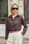 Women's Patterned Lycra-Free Fabric Collared Off-Shoulder Long Sleeve Shirt - Brown Spotted - 3