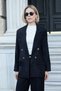 Women's Velvet Denim Collared Long Sleeve Blazer Jacket with Pocket Flaps - Black - 6