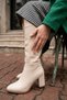 Kleo Beige Leather Heeled (7cm) Side Zipper Daily Use Boots - 7