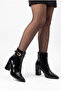 Women's Special Design Buckle Detailed Zippered Pointed Toe Medium Heeled Black Patent Leather Boots - 7