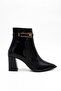 Women's Special Design Buckle Detailed Zippered Pointed Toe Medium Heeled Black Patent Leather Boots