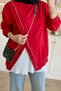 Women's 2 Thread Combed Cotton Zipper Detailed Asymmetrical Cut Hijab Tunic 371 Red - 2