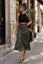 High Waist Leopard Pattern Lycra Satin Skirt Midi Length Skirt with Elastic Waist and Zipper 85 cm