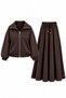 Women's Scuba Fabric Bomber Jacket, Pocketed Skirt, and Hijab Set 3859 Brown - Premium Series