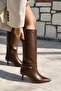 Fall Kitten Heel Below-The-Knee Pointed Toe Piping Tape Detail Bitter Brown Matte Leather Women's Boots - 5