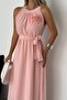 Women Rose Brooch Detailed Long Chiffon Dress Nbk2144 - 3