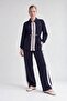 Double Suit with Pearl Guipure Detail on the Collar, Navy Blue