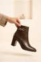 Women's Leather Textured Chain Detailed Thick Block Heeled Zippered Classic Boots - 3