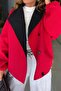 Red and Black Garnished Trench Coat Per9860 - 5
