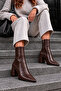 Women's Croco Brown Pointed Toe Thick Heel Side Zipper Heeled Boots - 8