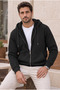 Plush Inside Three Yarn Fabric Oversized Zippered Hooded Sweatshirt - Black - 4
