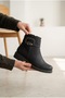 Women's Leather Textured Chain-Formed Buckle Detailed Short Thick Heeled Casual Boots - 3