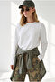 Women's White Crew Neck Modal Buttoned Draped Basic Sweatshirt Swt-19000803 - 3