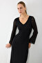 V-Neck Lace Long Evening Dress - Black - 5
