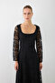 Square Neckline Cordone Lace Long Evening Dress - Black - 4
