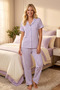 Lilac-White Striped Shirt Collar Pajama Set 4629-Lilac Women's Short Sleeve Buttoned Long Bottom Pajama Jewelry