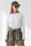 Women's White Crew Neck Modal Buttoned Draped Basic Sweatshirt Swt-19000803 - 4