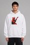 Rocker Cat Design Front Printed Oversize White Hooded Sweatshirt