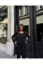 Women's Black Crew Neck Elastic Cuff Blouse and Pants Two-Piece Set - 3