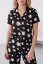 Black Daisy and Butterfly Patterned Short Sleeve Shirt Collar Milan Fabric Women's Pajama Set