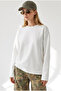 Women's White Crew Neck Modal Buttoned Draped Basic Sweatshirt Swt-19000803 - 2