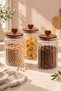 Heart-Handle Acacia Wood Lid Ribbed Glass Jar 1600 ml 22 cm – Transparent Storage Jar Set - 4