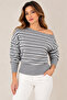 Women's Gray Striped Boat Neck Knit Sweater – Long Sleeve Loose Fit Model