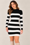 Women's Black and White Striped Ribbed Knit Mini Dress – Long Sleeve High Neck