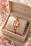 Square Design Pink Dial Stone Detailed Chain Cord Steel Wristwatch (Gold Color) - 3