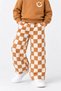 Boy's 3 Thread Smiling Face Printed Sweatshirt and Checkerboard Patterned Wide Leg Sweatpants Set Brown - 5