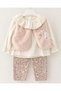 Children, Girls, Powder Plush Vest, Ecru Blouse and Floral Patterned Trousers, 3-Piece Set