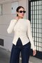Women's Ecru Pleated Detailed Buttoned High Collar Knit Sweater - 3