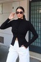Women's Black Pleated Detailed Buttoned High Neck Knit Sweater - 3