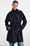 Removable Hooded Drawstring Waist Plus Size Trench Coat Dark Blue 6936 - 2