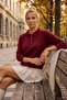 Burgundy Polo Collar Long Sleeve Half Placket Buttoned Glittery Ribbed Hem Casual Knitwear Sweater 58 58