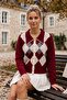 Burgundy Jacket Collar Long Sleeve Diamond Patterned Front Decorative Buttoned Non-Opening Stitched Casual Knitwear Sweater 62 60 - 4