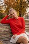 Red Polo Collar Long Sleeve Half Placket Buttoned Glittery Hem Ribbed Casual Knitwear Sweater 58 58
