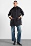 Garni Detailed Detachable Hooded Oversized Short Trench Coat Black 6935 - 6