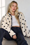 Ecru Navy Blue Polka Dot Zippered Oversize Plush Sweatshirt