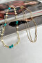 Turquoise Stone and Pearl Detailed Gold Layered Chain Necklace (45cm) - 2