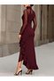 Women's long sleeve turtleneck tulle detailed front asymmetrical ruffle detailed long janjan crepe dress - 4