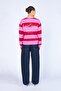 Women's Red Crew Neck Discrit Originals Lettering Printed Thick Striped Sweatshirt - 7