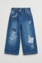 Girl's Floral Embroidered Wide-Leg Denim Trousers - Blue - 3