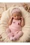 Baby Hand-Knitted Overalls, Bandana, Socks Set, 0-3 Months, Pink Embroidered Photo Shoot Set of 3