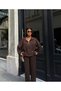 Women's Brown Drawstring Waist Zippered Sweatshirt Pants Two-Piece Set - 2
