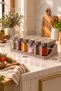 4514 Cappuccino 6-Piece Spice Jar Set with Stand and Spoon – Adhesive Wall-Mounted and Countertop Spice Set with Transparent Handle Labels - 4