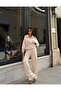 Women's Beige Drawstring Waist Zippered Sweatshirt Pants Two-Piece Set - 2