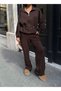Women's Brown Drawstring Waist Zippered Sweatshirt Pants Two-Piece Set - 6